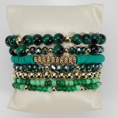 7Pcs Bohemia Multilayer Stackable Crystal Beaded Bracelet Set Multicolor Surfer Heishi Clay Gold Beaded Friendship Stretch Bracelets for Women Men Summer Beach Boho Vacation Jewelry Gifts - color: Green