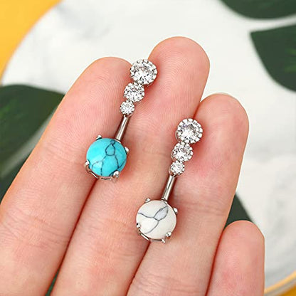 CM Crareesi Mania Women Boho Belly Rings Turquoise Stone Curved Barbell Belly Rings Piercing Jewelry - color: White Stone