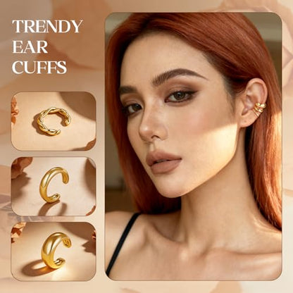 Ear Cuff Earrings for Women Non Piercing Helix Cartilage Clip on Ear Cuffs 14K Gold Plated & Sterling Silver Stainless Steel Hypoallergenic Huggie Hoop Fake Earring Set Jewelry Gift - color: A4-Chunky Hoop Set Gold
