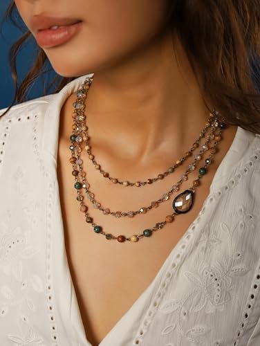 MINACHI Boho Multi Layer Necklace with Green Stone Beads, Handmade Beaded Chain Necklace, Vintage Hippie Jewelry for Women - style: Necklace NECK.006