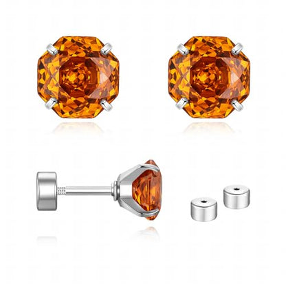Zircon Flat Back Screw Hypoallergenic Surgical Steel Stud Earrings - color: Solar Flare Orange, size: 1ct - 0.24 Inch (6mm)
