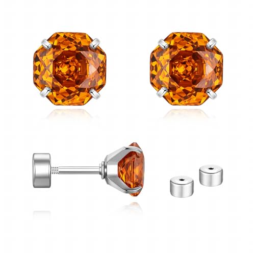 Zircon Flat Back Screw Hypoallergenic Surgical Steel Stud Earrings - color: Solar Flare Orange, size: 1ct - 0.24 Inch (6mm)