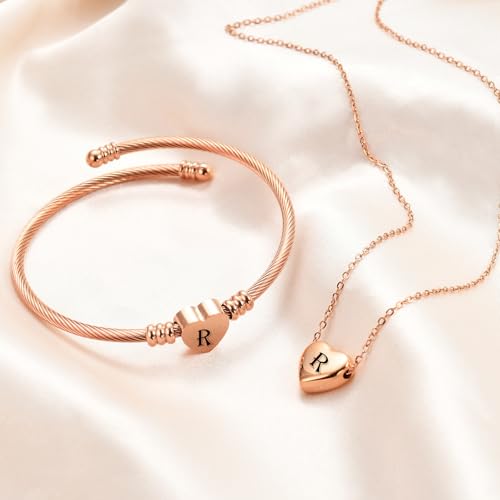 MYNENEY Necklace and Bracelet for Women Stainless Steel Initial Jewelry Set - color: Rose Gold-R