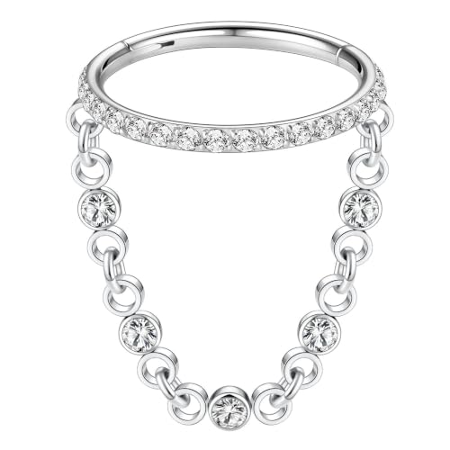 AROWRO Chain Septum Rings 316L Surgical Steel Septum Clicker Daith Piercing Jewelry Dangle Nose Rings for Women 16G 8/10mm Conch Cartilage Hoop Seamless Hinged Septum Jewelry with Clear CZ/Opal - color: Style-3-Silver chain&Clear CZ, size: 16G-8mm