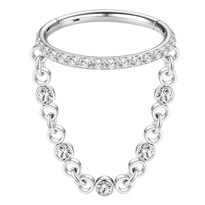 AROWRO Chain Septum Rings 316L Surgical Steel Septum Clicker Daith Piercing Jewelry Dangle Nose Rings for Women 16G 8/10mm Conch Cartilage Hoop Seamless Hinged Septum Jewelry with Clear CZ/Opal - color: Style-3-Silver chain&Clear CZ, size: 16G-8mm