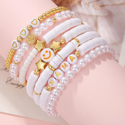 Friendship Bracelets for Women - Heishi Surfer Colorful Smile Evil Eye Clay Beaded Stretch Bracelets Elastic Layering - Stackable Boho Disc Y2K Aesthetic Summer Jewelry Set. - color: Smile-7pc-White mama
