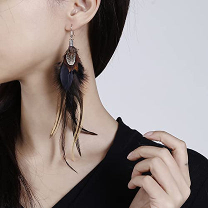 Bohemian Pheasant Peacock Long Feathers Statement Earrings Handmade Natural Lightweight Feather Dangle Earrings for Women (ea000071) - color: Black