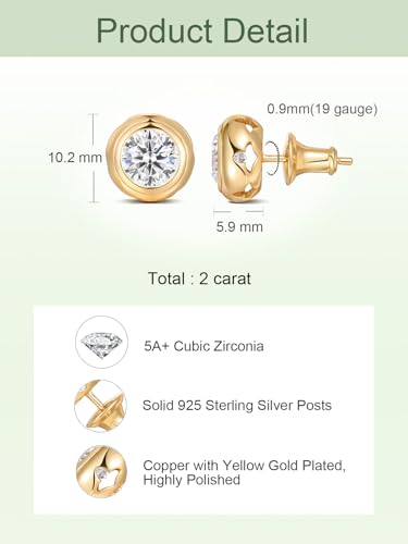 0.6-4 Carat 5A Cubic Zirconia/Simulated Emerald Sparkle Stud Earrings for Women, Hypoallergenic 925 Sterling Silver Posts, Anniversary Birthday Valentines Mothers Day Jewelry Gift - color: Yellow Gold, size: 2.00 Carat (1.00ct * 2)