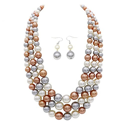 Chunky Layered Imitation Pearl Necklace for Women 3 strand Pearl Necklaces Faux Pearl Necklace Earrings Set 1920s Flapper Gatsby Costume Accessories - color: 3 strand pearl necklace champagne grey white