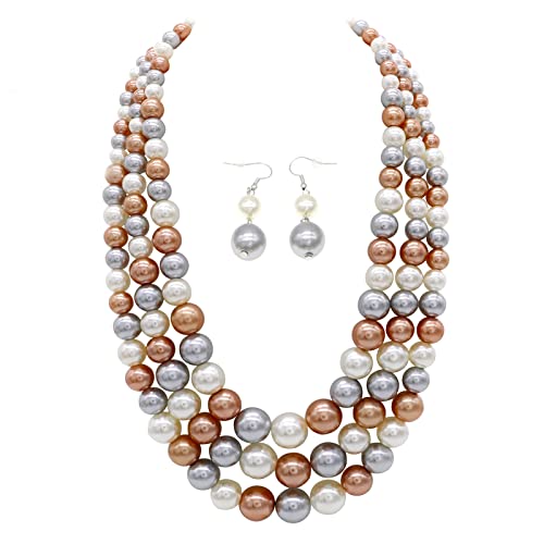 Chunky Layered Imitation Pearl Necklace for Women 3 strand Pearl Necklaces Faux Pearl Necklace Earrings Set 1920s Flapper Gatsby Costume Accessories - color: 3 strand pearl necklace champagne grey white