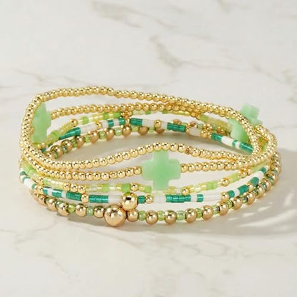Gold Bracelets for Women, Beaded Cross Stack, Non Tarnish Set，Set-1 | Gold Beaded Bracelet Stack with Stretch Fit, Waterproof Finish and Dainty Design for Everyday Wear and Gifts - color: Colors-1