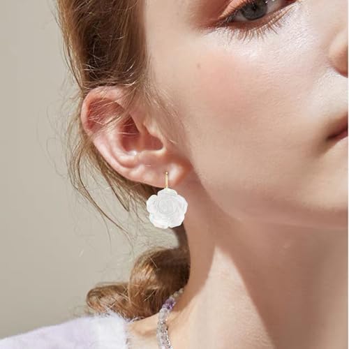 Handmade Bohemian Aesthetic Dainty Acrylic Flower Petal Leverback Earrings Sparkly 14K Gold Floral Dangle Drop Earrings for Women - color: White
