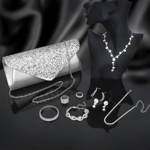 NEWITIN Purse Rhinestone Jewelry Set for Women Prom Jewels Crystal Clutch Purse Necklaces Rings Bracelets Earrings Gold Silver Jewelry Set for Women Bride - color: 11 Pieces Silver