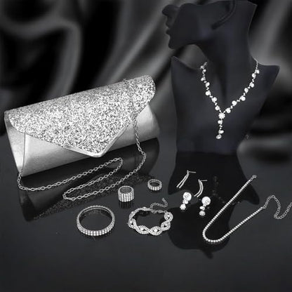 NEWITIN Purse Rhinestone Jewelry Set for Women Prom Jewels Crystal Clutch Purse Necklaces Rings Bracelets Earrings Gold Silver Jewelry Set for Women Bride - color: 11 Pieces Silver