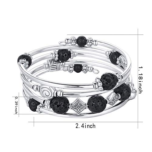 Beaded Pearl Bangle Wrap Bracelet - Fashion Bohemian Jewelry Multilayer Charm Bracelet with Thick Silver Metal Beads, Gift For Women - color: Lava Bracelet