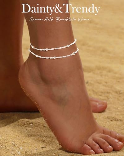 Gold Silver Ankle Bracelets for Women Waterproof 14K Gold Plated Anklets for Women Non Tarnish Dainty Layered Beaded Heart Anklet Set Summer Beach Foot Chain Jewelry Gifts Trendy Stuff - color: D- Ankle Bracelets- Silver