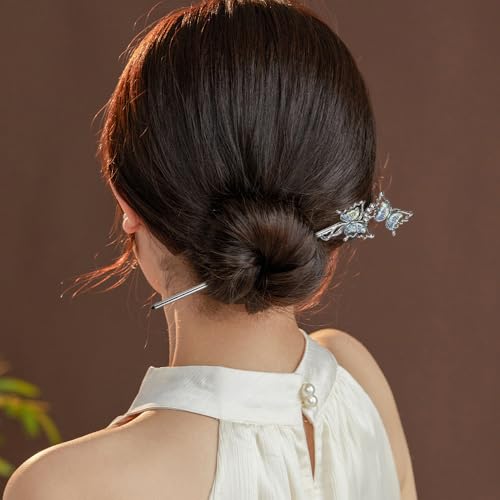 5PCS Butterfly Flower Hair Sticks for Buns Long Hair Chinese Hanfu Asian Vintage Hair Chopsticks Metal Silver Hair Bun Updo Holders Long Hairpins for Women Girls