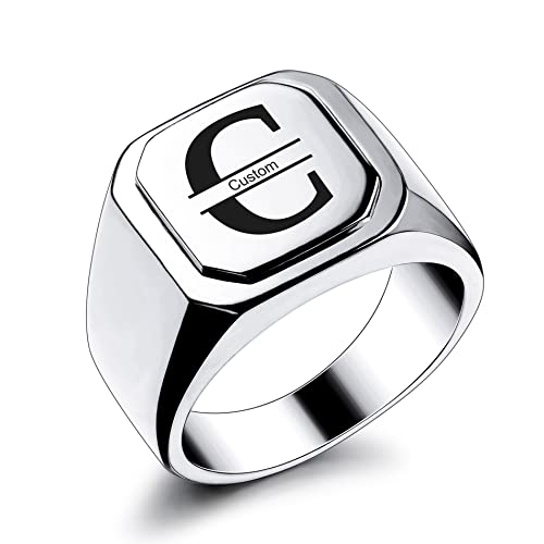 Initial Ring Letter Signet Ring for Men Women Personalized Name Engraved Stainless Steel Fashion Jewelry Wedding Couples Father Day Gift with Ring Size Adjusters - color: A2: Silver (Initial Name)