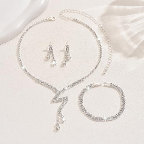 MIFYNN Rhinestone Wedding Set for Women Sparkle Crystal Earrings Necklace Bracelet Jewelry Set Wedding Party Prom Jewelry Set for Brides Bridesmaid - color: Silver2