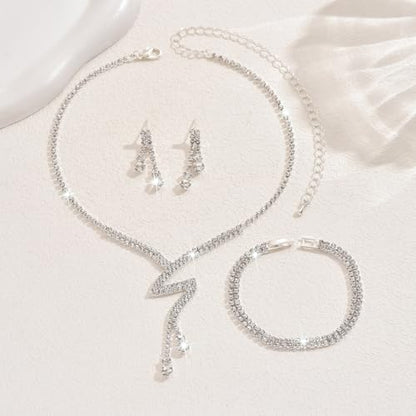MIFYNN Rhinestone Wedding Set for Women Sparkle Crystal Earrings Necklace Bracelet Jewelry Set Wedding Party Prom Jewelry Set for Brides Bridesmaid - color: Silver2