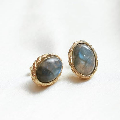 Gempires Bold Oval Gemstone Stud Earrings for Women – Natural Healing Stone Jewelry 14K Gold-Plated Hypoallergenic Tarnish-Resistant – Bold Statement Studs Gift for Her - style: Labradorite