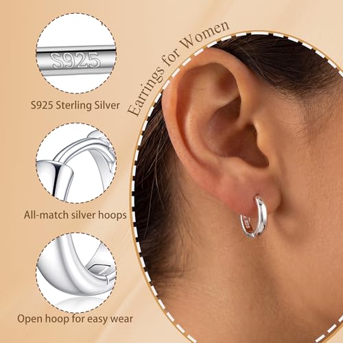 925 Sterling Silver Huggie Hoop Earrings | Silver Huggie Hoop Earrings Hypoallergenic 12/14mm Cartilage Small Hoops for Women Sensitive Ears - color: S