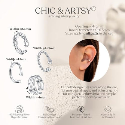 CHIC & ARTSY 925 Sterling Silver Ear Cuffs for Women, Non Piercing Clip On Cartilage Cuffs, Adjustable Fake Conch & Helix Earrings, Gold Plated & Oxidized Various Styles - color: ear cuff #6