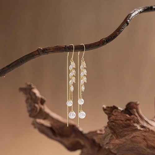 14K Gold Plated CZ Flower Dangle Earrings for Women, Sparkly Cubic Zirconia Long Tassel Drop Earrings, Bridal Wedding Jewelry - color: F:Leaf Pearl Earrings
