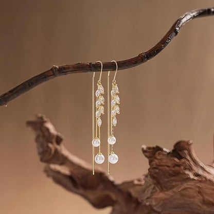 14K Gold Plated CZ Flower Dangle Earrings for Women, Sparkly Cubic Zirconia Long Tassel Drop Earrings, Bridal Wedding Jewelry - color: F:Leaf Pearl Earrings