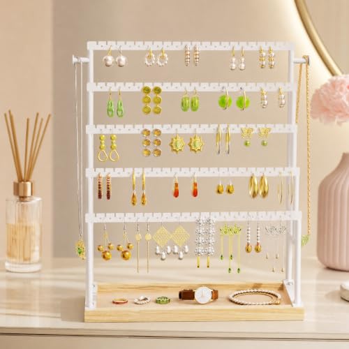 Large 5 Tier Earring Organizer and Holder, White | 100+ pair earring storage, jewelry holder stand, clean white finish, ideal for bright bedrooms and modern vanities - color: White