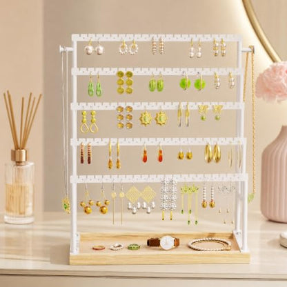 Large 5 Tier Earring Organizer and Holder, White | 100+ pair earring storage, jewelry holder stand, clean white finish, ideal for bright bedrooms and modern vanities - color: White