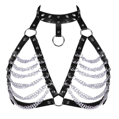 Punk Layered Chest Chain,Leather Bra CageStyle Shoulder Strap,Punk Black Leather Chest Harness Body Waist Chain Belt Rave Nightclub Belly Bra Jewelry Accessor for Halloween Carnival