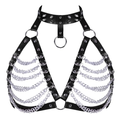Punk Layered Chest Chain,Leather Bra CageStyle Shoulder Strap,Punk Black Leather Chest Harness Body Waist Chain Belt Rave Nightclub Belly Bra Jewelry Accessor for Halloween Carnival