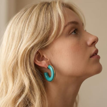 Gold Plated Resin Chunky Hoop Earrings Hypoallergenic Push Back Hoops for Sensitive Ears - color: Turquoise