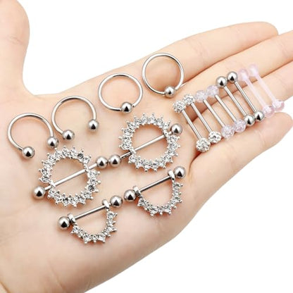 Cisyozi 16G 14G Nipple Piercing Jewelry Tongue Rings Hypoallergenic Surgical Steel Screw Nipple Tongue Shield Ring Barbell Body Piercing Jewelry Retainer for Women 9/16 Inch 14mm - color: F:8Pairs-16g(1.2mm)-Silver