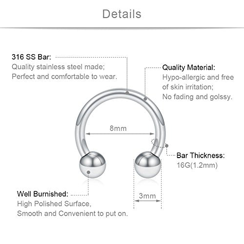 SCERRING 12PCS 316L Stainless Steel 16G Circular Barbells Eyebrow Lip Ear Tragus Horseshoe Hoop Rings 6-12mm - style: 8mm w Balls