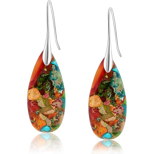 Emperor Stone Drop Earrings for Women, 2 Inch Dangle Statement Earrings in Gold & Silver, Teardrop Natural Healing Crystal Fishhook Earrings for Party, Wedding, Daily Wear - color: Colorful Silver Hook