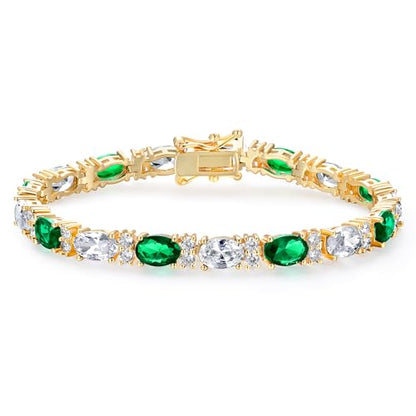 MDFUN 18K White/Yellow Gold Plated Green/Blue 5 * 7MM Oval 5A+ Cubic Zirconia Tennis Bracelet for Women Birthstone Jewelry Gift 6.5-8.5 inch - color: 18K Yellow Gold -Green