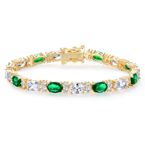 MDFUN 18K White/Yellow Gold Plated Green/Blue 5 * 7MM Oval 5A+ Cubic Zirconia Tennis Bracelet for Women Birthstone Jewelry Gift 6.5-8.5 inch - color: 18K Yellow Gold -Green