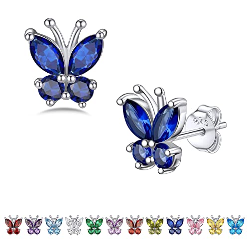 Bestyle Gold Butterfly Earrings for Women, Dainty Cute Birthstone Studs Hypoallergenic Jewelry, Great Birthday Gift - style: 09.September (Sapphire)-STUD