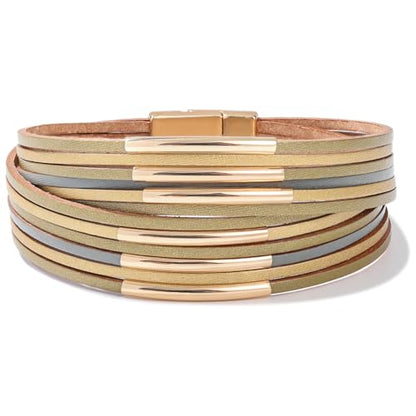Gold Tube Leather Wrap Bracelets Boho Chunky Stackable Layered Western Cuff | Stacked Bohemian Cool Magnetic Clasp Bangles Statement Cowgirl Hippie Country Festival Accessories for Women Trendy - color: Sand
