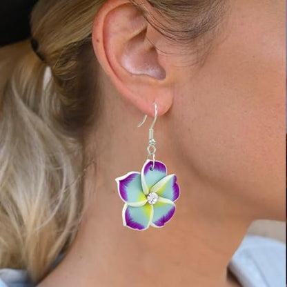 Floral Dangle Earrings for Women Hawaiian Tropical Plumeria Rubra Flower Drop Earrings with Cubic Zirconia Luau Beach Party Vacation Hawaiian Accessories Jewelry Gift - color: Purple