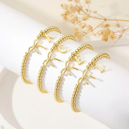M MOOHAM Bow Initial Bracelets for Women Girls, Letter A-Z Beaded Bracelet | 14K Gold Plated, Bow Bracelets for Girls, Gold Bracelet, Beaded Initial Bracelet, Birthday Gift for Teen Girl Jewelry - color: L