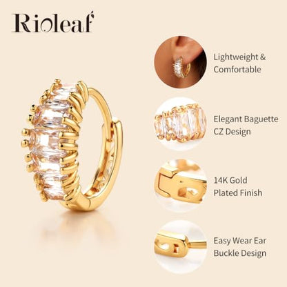 CZ Huggie Hoop Earrings for Women | Sparkly Cubic Zirconia, Small Hoop, Lightweight, Everyday Fashion Jewelry - color: Baguette CZ - Gold