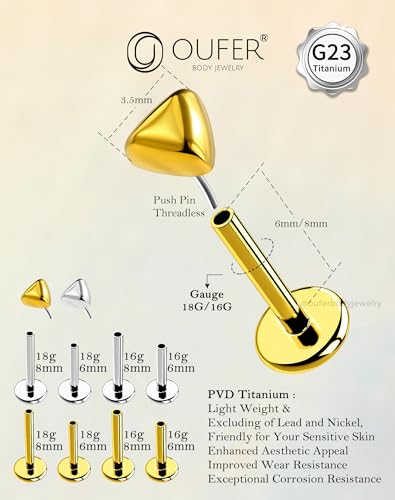 OUFER G23 Titanium Threadless Labret Studs – Flat Back Push Pin Earrings for Tragus, Helix, Monroe, Conch, Lip Piercing – 16G/18G, 6MM/8MM - color: Gold-Tri, size: 16g 6mm