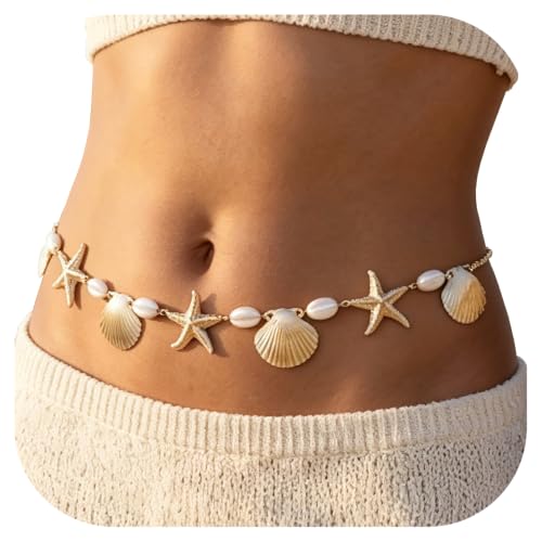 Gold Starfish Waist Beads for Women - Adjustable Layered Waist Chain Bohemian Shell Beaded Bikini Belly Body Chain for Summer Beach Vacation & Boho Accessories - style: Style 2
