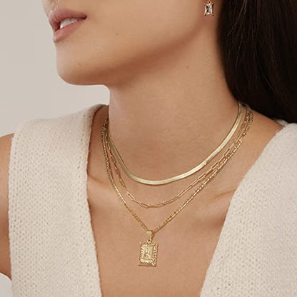 KissYan Gold Layered Initial Necklace Set for Women | 14K Gold/White Gold Plated Letter Pendant with Paperclip Snake Figaro Choker Chain, Alphabets from A-Z Jewelry Gifts - color: 3PCS, style: T