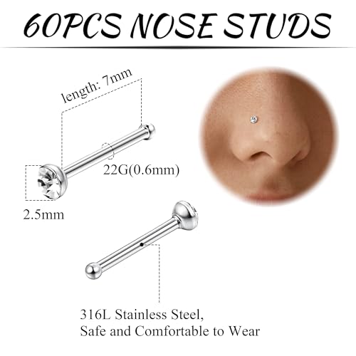 Jstyle 60Pcs Hypoallergenic Nose Rings Studs for Women Men 22G Piercing Pin | 316L Stainless Steel Straight Nose Studs, Small Sparkly CZ Piercing Jewelry for Sensitive Skin, 7MM Post, 1.5/2.0/2.5MM CZ - size: 2.5 mm