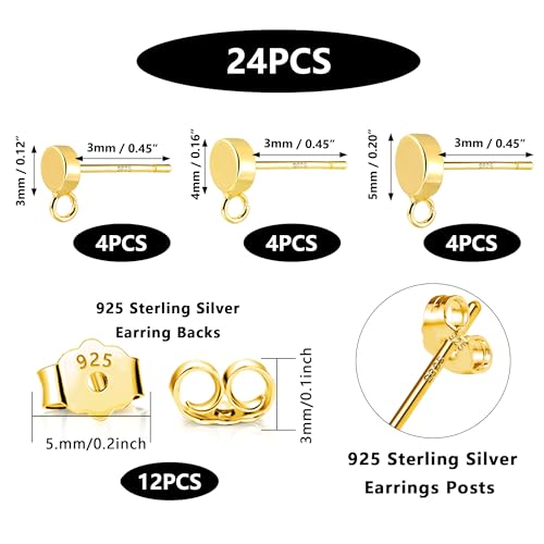 12Pcs Gold Earrings Making Supplies Flat Studs Post with Loop Ear Backs | Hypoallergenic 3/4/5mm Ball/Flat Stud Post Replace Butterfly Ear Backs for Dangle Charm Pendant Earring Jewelry Making Set - color: Flat_Gold