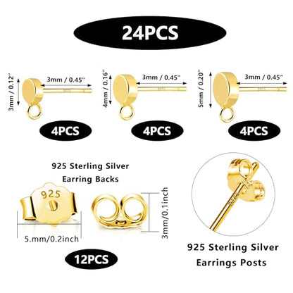 12Pcs Gold Earrings Making Supplies Flat Studs Post with Loop Ear Backs | Hypoallergenic 3/4/5mm Ball/Flat Stud Post Replace Butterfly Ear Backs for Dangle Charm Pendant Earring Jewelry Making Set - color: Flat_Gold